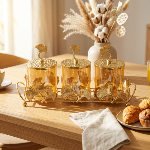 Gold Ginkgo Leaf Amber Glass Jar Set with Serving Tray
