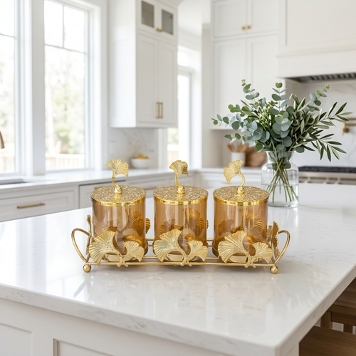 Gold Ginkgo Leaf Amber Glass Jar Set with Serving Tray