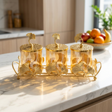 Gold Ginkgo Leaf Amber Glass Jar Set with Serving Tray