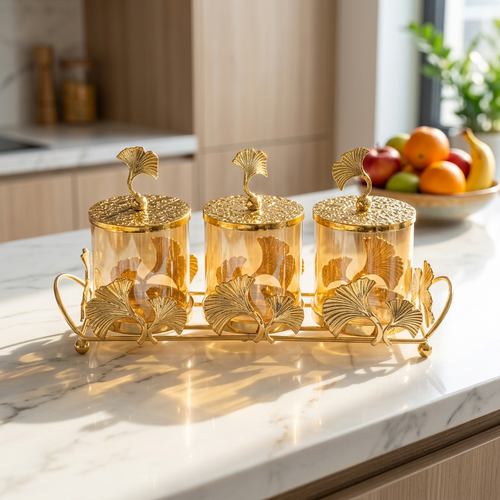 Gold Ginkgo Leaf Amber Glass Jar Set with Serving Tray