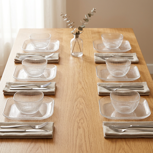 Elegant Glass Bowls & Square Plates Service Set of 6