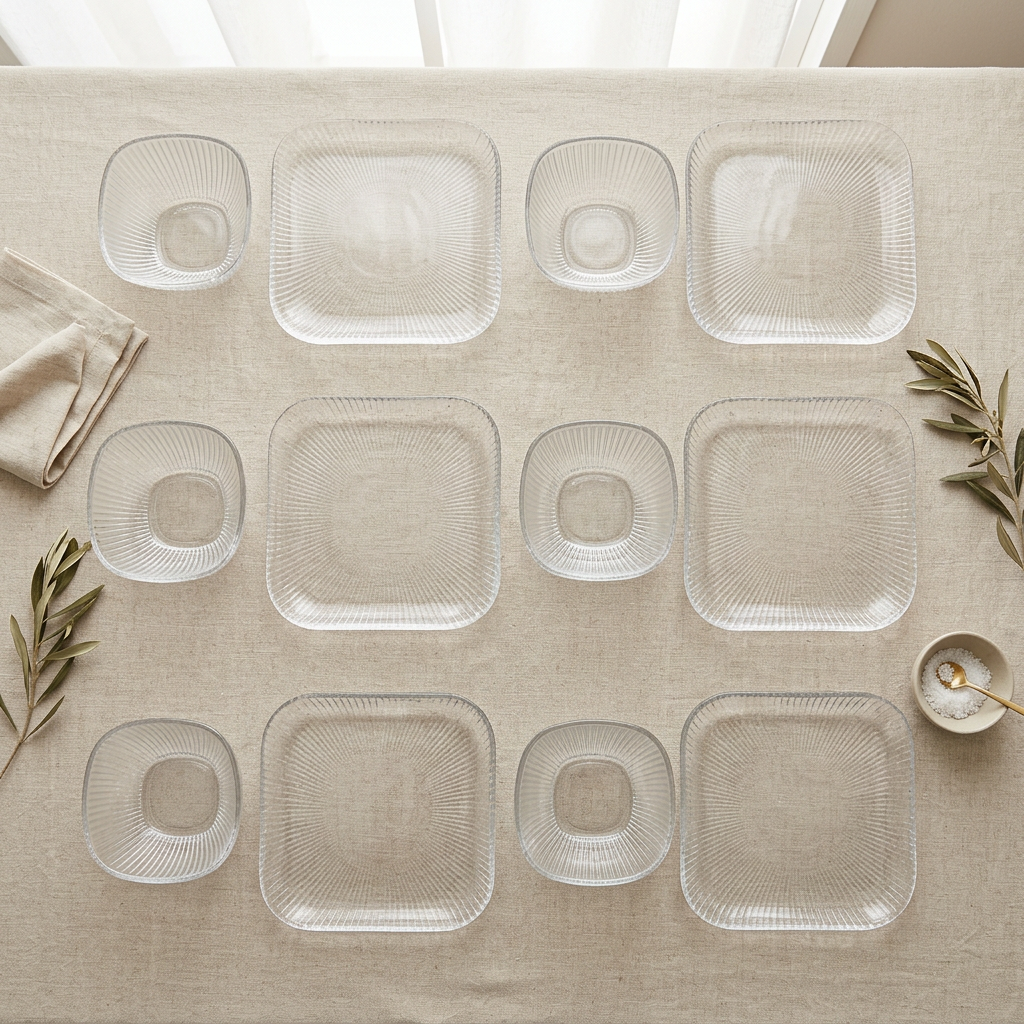 Elegant Glass Bowls & Square Plates Service Set of 6