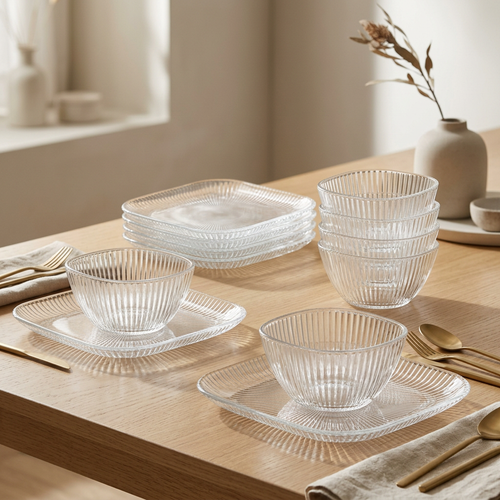 Elegant Glass Bowls & Square Plates Service Set of 6
