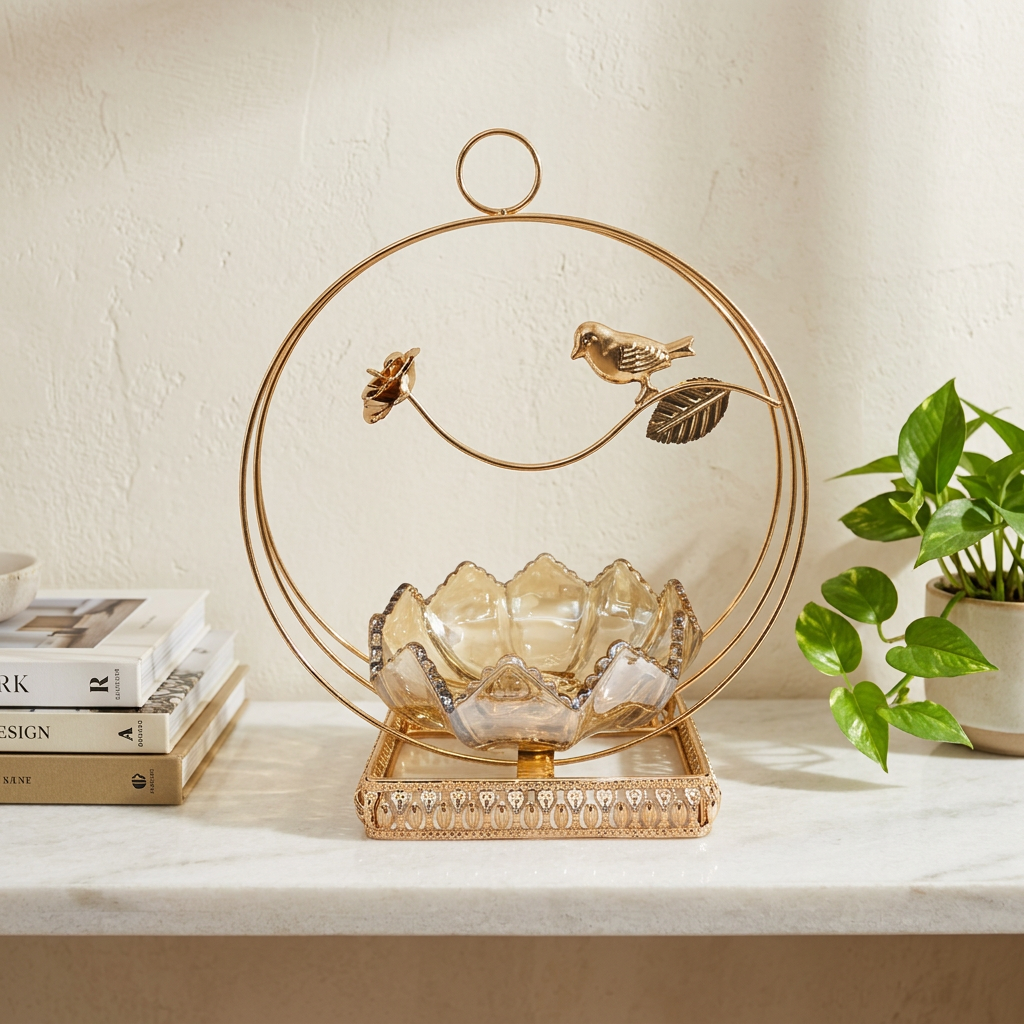 Elegant Glass Bowl with Gold Bird Hoop Stand