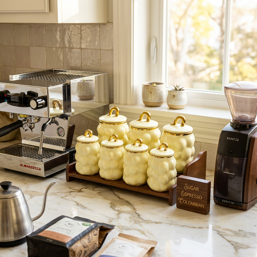 Elegant Yellow Bubble Canister Set with Dark Wood Stand 7 Piece