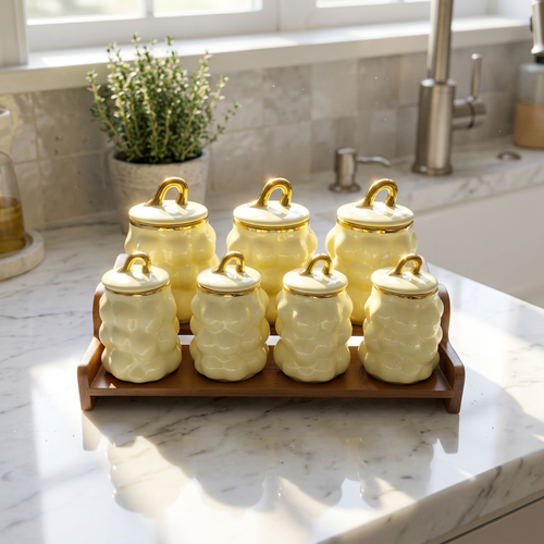Elegant Yellow Bubble Canister Set with Dark Wood Stand 7 Piece