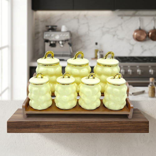 Elegant Yellow Bubble Canister Set with Dark Wood Stand 7 Piece