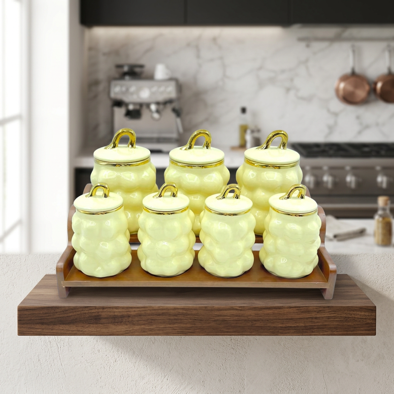 Elegant Yellow Bubble Canister Set with Dark Wood Stand 7 Piece