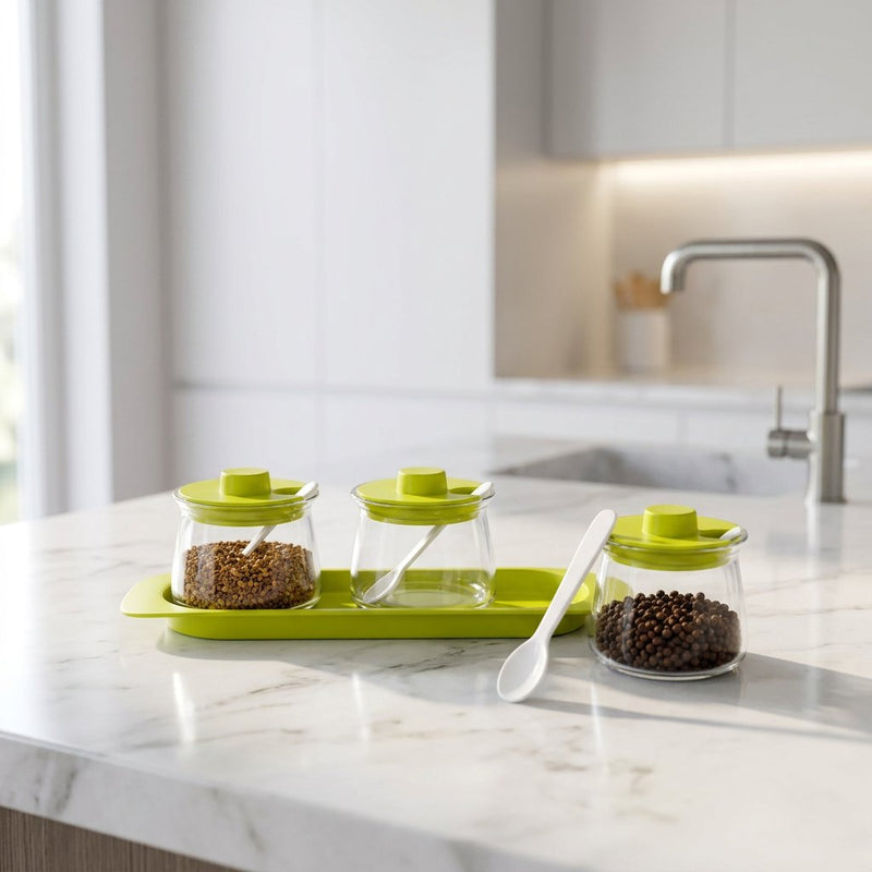 3-Piece Glass Spice Jar Set with Tray & Spoons