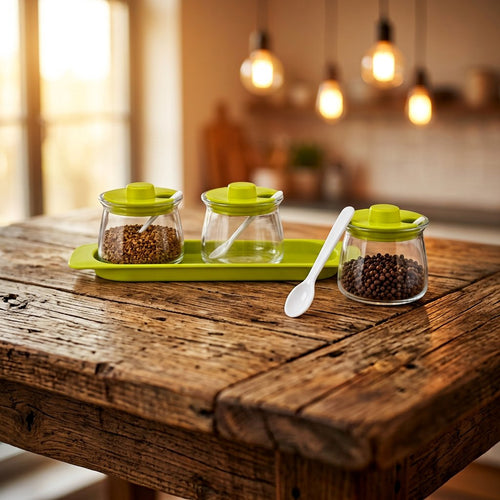 3-Piece Glass Spice Jar Set with Tray & Spoons