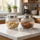 Ribbed Glass Storage Jar Set with Stainless Steel Lids