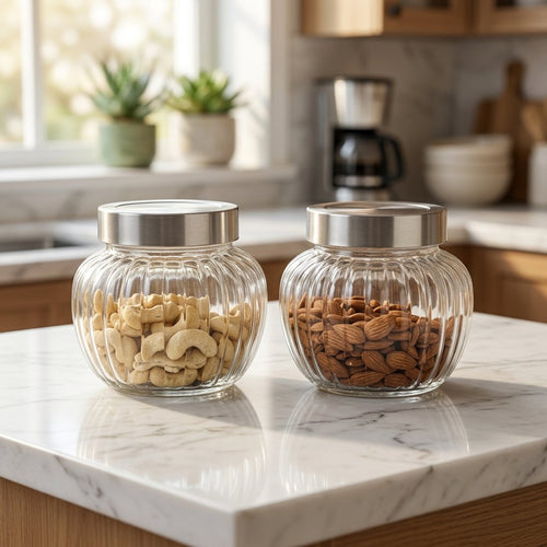 Ribbed Glass Storage Jar Set with Stainless Steel Lids