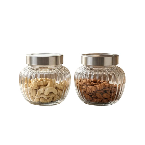 Ribbed Glass Storage Jar Set with Stainless Steel Lids