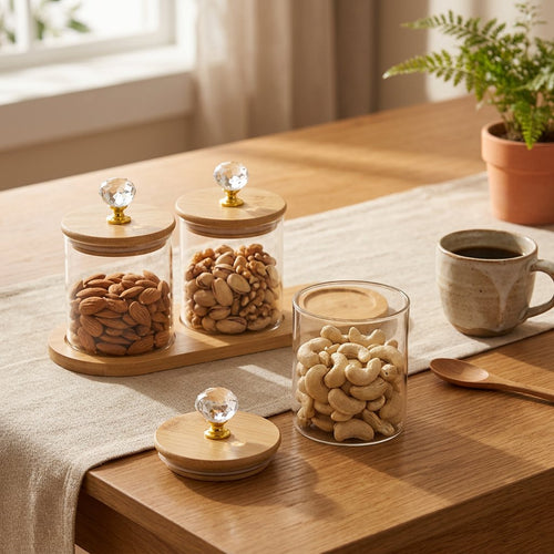 Glass Kitchen Canister Set with Bamboo Lids and Wood Tray