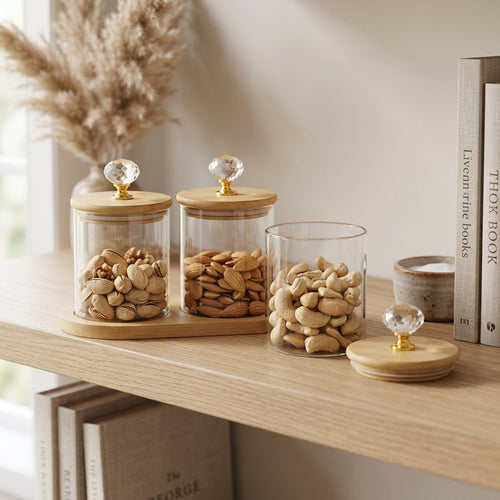 Glass Kitchen Canister Set with Bamboo Lids and Wood Tray