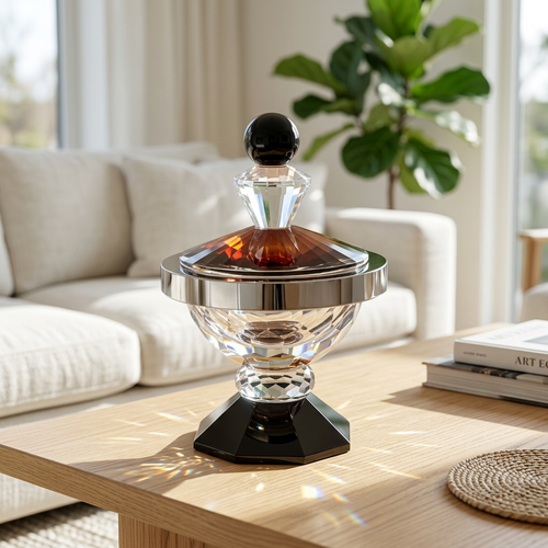 Geometric Cut Crystal Jar with Amber Lid