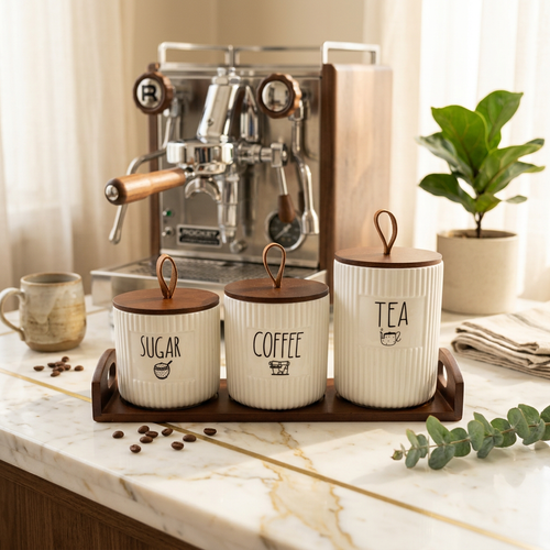 Rae Dunn Style Canister Set with Pull Lids & Wood Tray