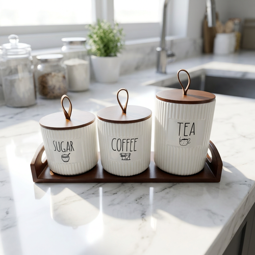 Rae Dunn Style Canister Set with Pull Lids & Wood Tray