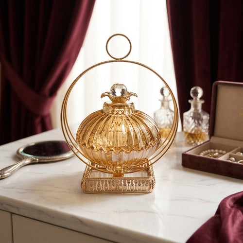 Majestic Glass Decorative Jar with Circular Metal Frame