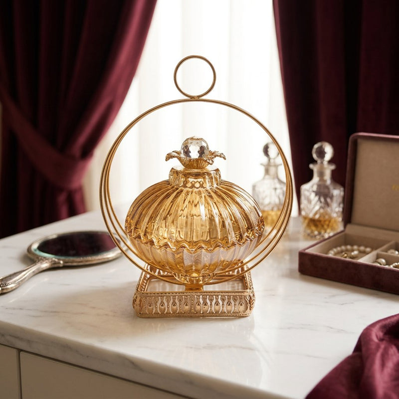 Majestic Glass Decorative Jar with Circular Metal Frame