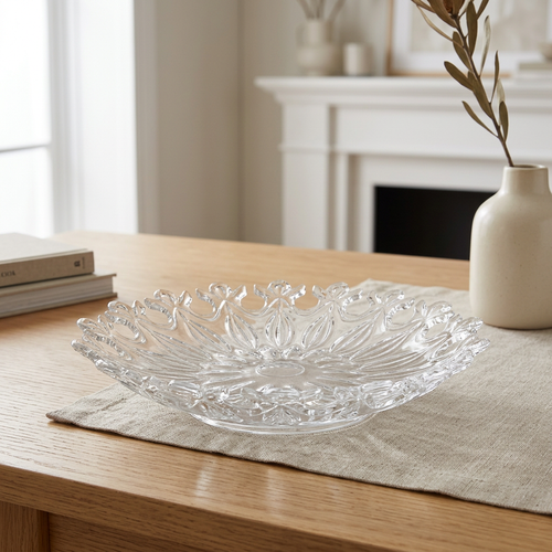Diamond Cut Glass Round Serving Dish with Scalloped Edge 14 Inch