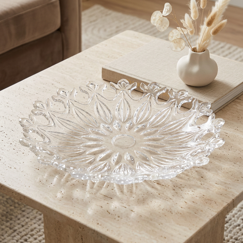Diamond Cut Glass Round Serving Dish with Scalloped Edge 14 Inch