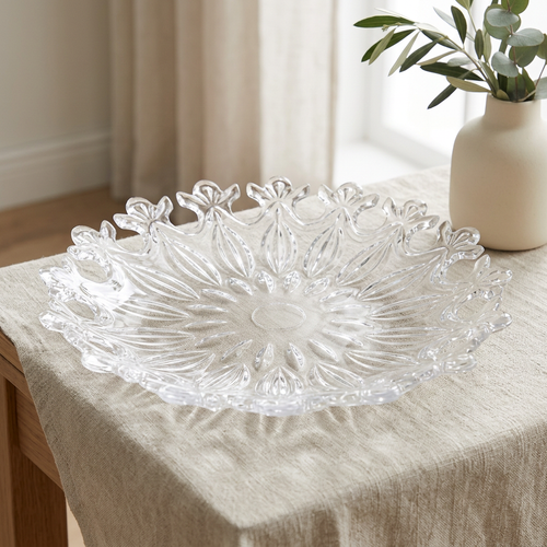 Diamond Cut Glass Round Serving Dish with Scalloped Edge 14 Inch