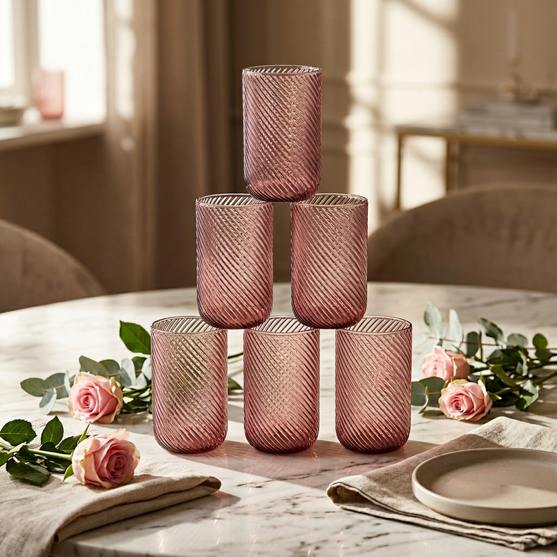 Luxury Rose Tinted Spiral Ribbed Tumbler Set OF 6