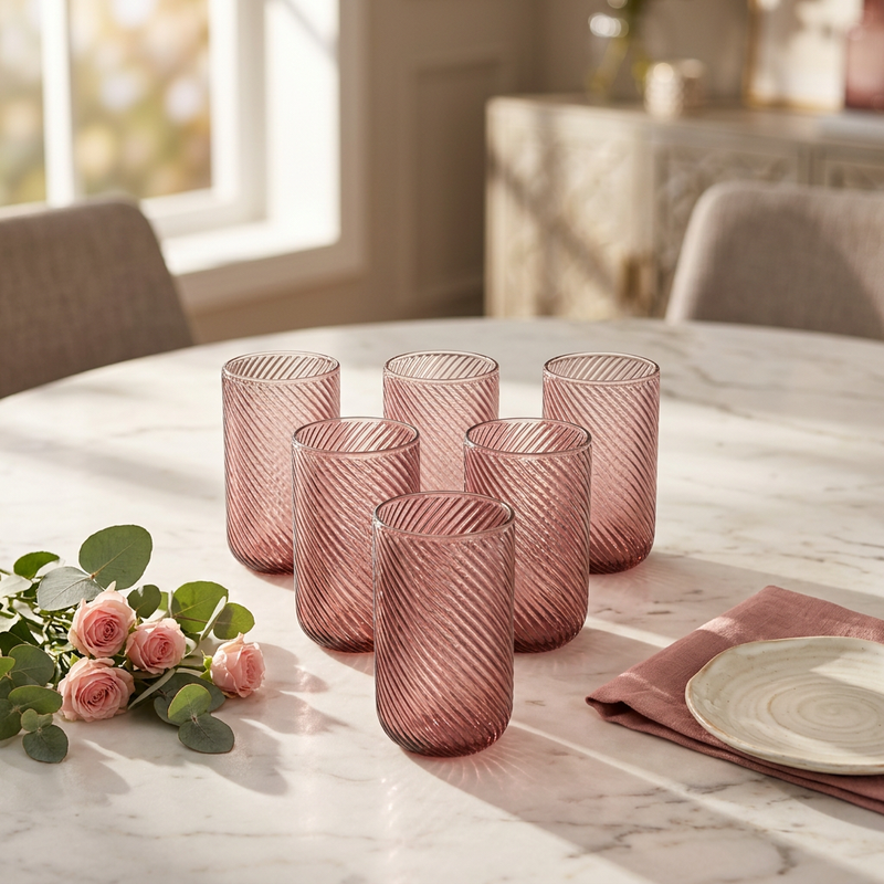Luxury Rose Tinted Spiral Ribbed Tumbler Set OF 6