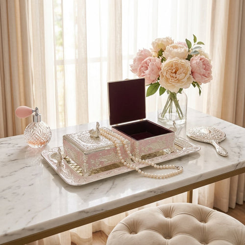Soft Pink & Silver Peacock Embossed Dry Fruit Box Set