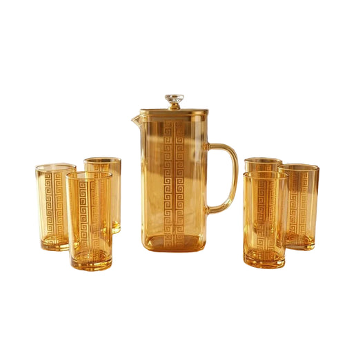 Gold Greek Key Crystal Clear Glass Pitcher & Tumbler Set
