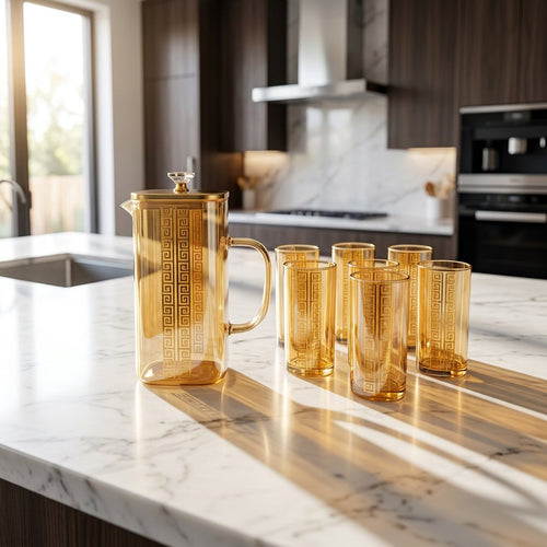 Gold Greek Key Crystal Clear Glass Pitcher & Tumbler Set
