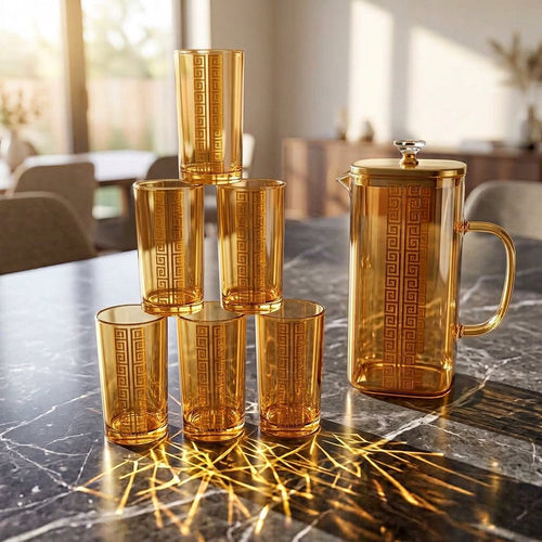 Gold Greek Key Crystal Clear Glass Pitcher & Tumbler Set