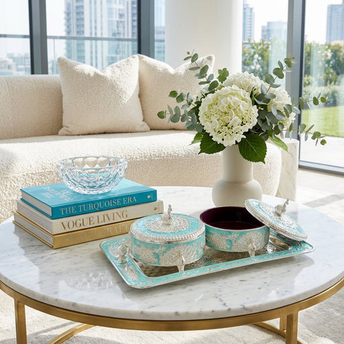 Turquoise & Silver Peacock Round Dry Fruit Storage Box Set