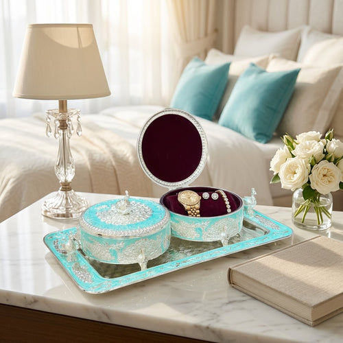 Turquoise & Silver Peacock Round Dry Fruit Storage Box Set
