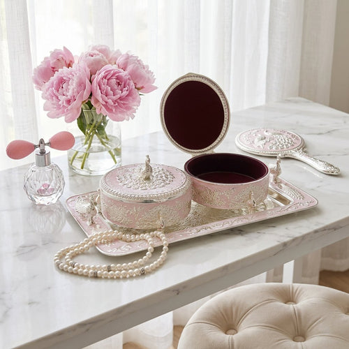 Soft Pink & Silver Peacock Round Dry Fruit Storage Box Set