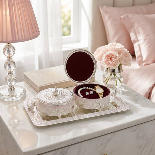Soft Pink & Silver Peacock Round Dry Fruit Storage Box Set