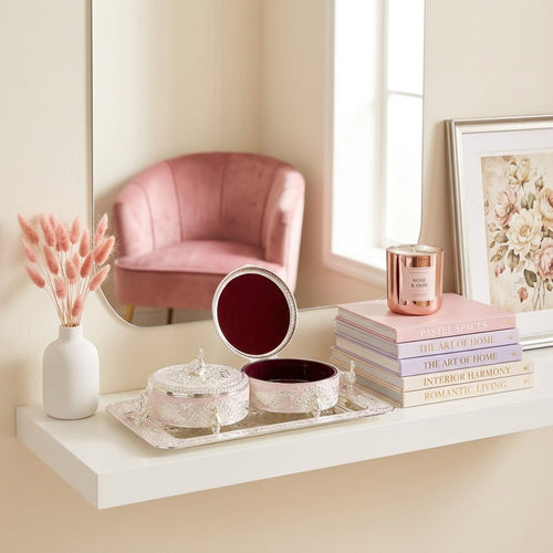 Soft Pink & Silver Peacock Round Dry Fruit Storage Box Set