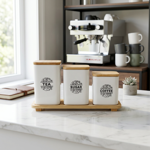 Nordic Ceramic Tea, Sugar & Coffee Jars on Bamboo Serving Tray