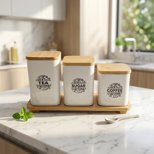 Nordic Ceramic Tea, Sugar & Coffee Jars on Bamboo Serving Tray