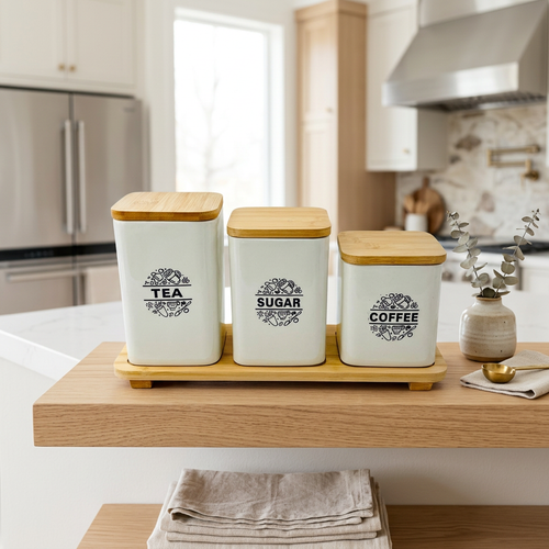 Nordic Ceramic Tea, Sugar & Coffee Jars on Bamboo Serving Tray