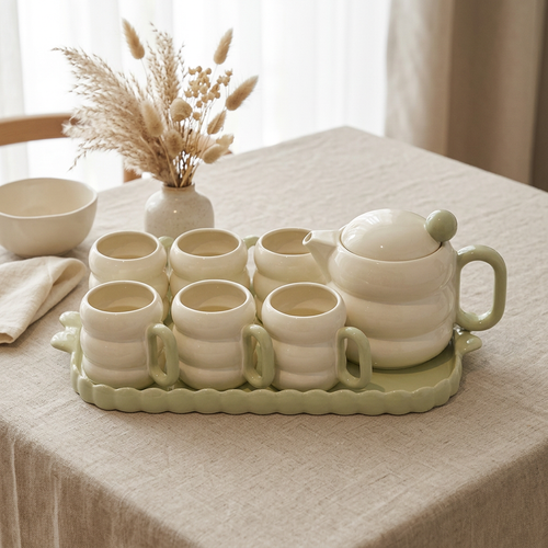 Chubby Cream Tea Set with 6 Cups & Tray 8 Piece