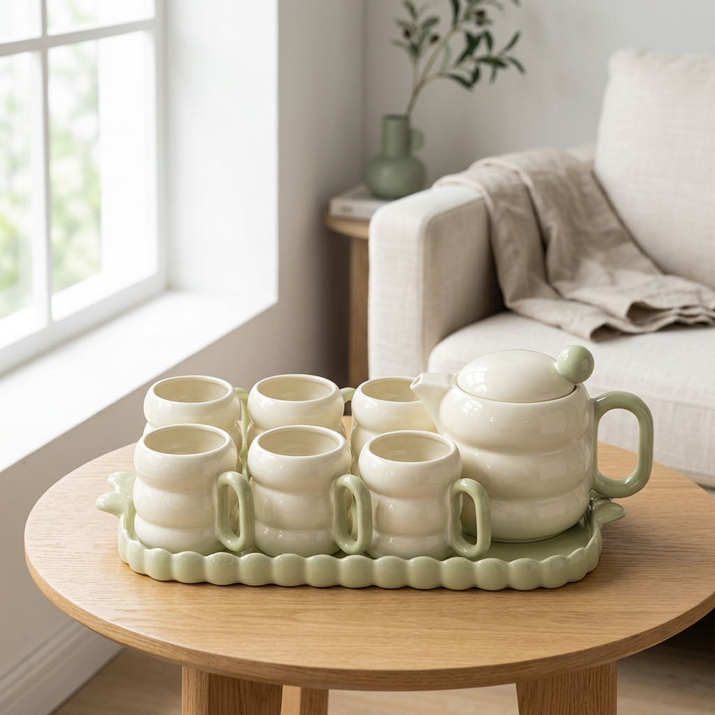 Chubby Cream Tea Set with 6 Cups & Tray 8 Piece