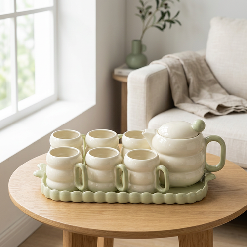 Chubby Cream Tea Set with 6 Cups & Tray 8 Piece