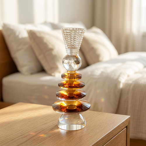 Geometric Crystal Candlestick Stand with Amber Accent