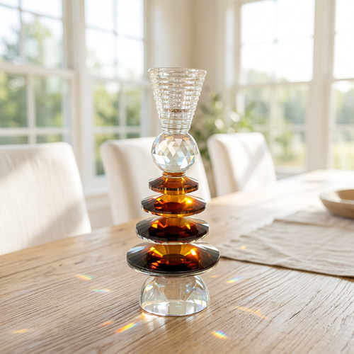 Geometric Crystal Candlestick Stand with Amber Accent