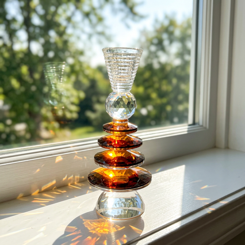 Geometric Crystal Candlestick Stand with Amber Accent