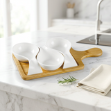 3 Piece Ceramic Dip Bowl Set with Bamboo Tray & Handle