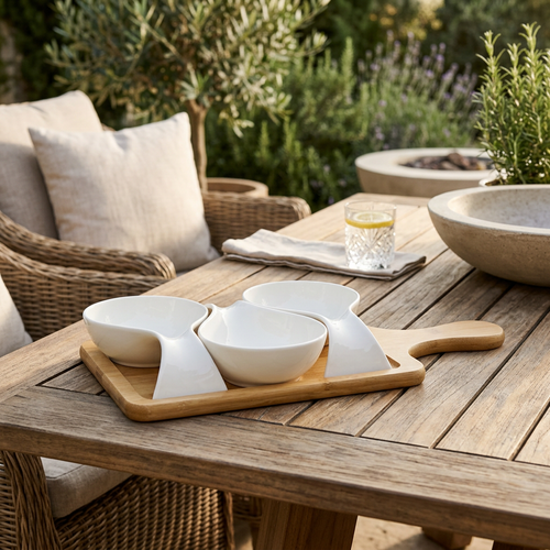 3 Piece Ceramic Dip Bowl Set with Bamboo Tray & Handle