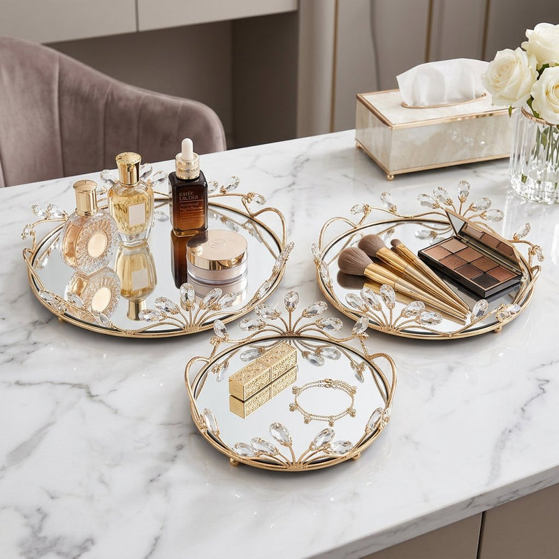 Crystal-Embellished Mirrored Serving & Vanity Trays Set of 3